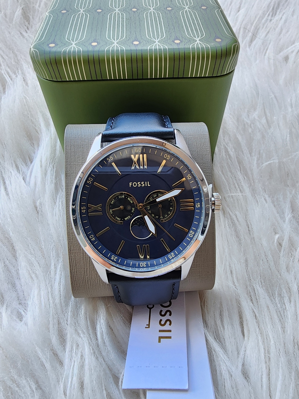 Fossil Men's Navy Blue Leather Chronograph Watch Original Brand New